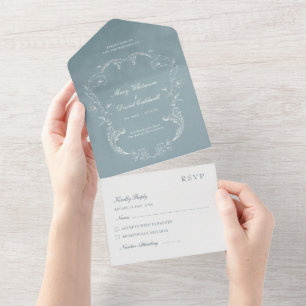 Blue Velvet Elegant Baroque Ornament Wedding All In One Invitation