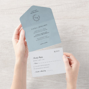 Blue Velvet Laurel Wreath Minimalist Wedding All In One Invitation