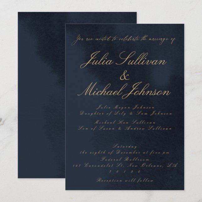Blue Velvet Look Calligraphy Wedding Invitation (Front/Back)