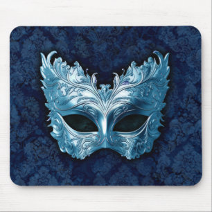 Blue Venetian Mask on Blue Damask Background Mouse Mat