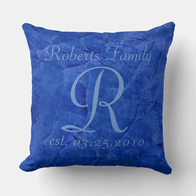 Blue Venetian Plaster Custom Monogram Throw Pillow (Front)