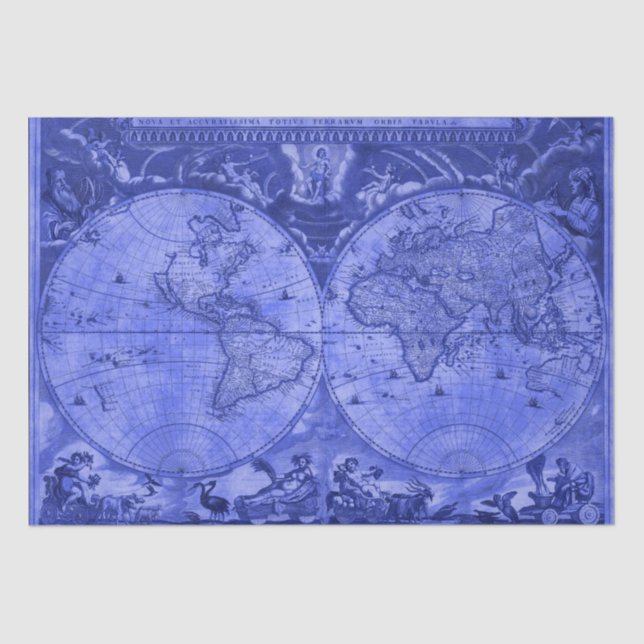 Blue Version Antique World Map J Blaeu 1664 Tissue Paper (Front)