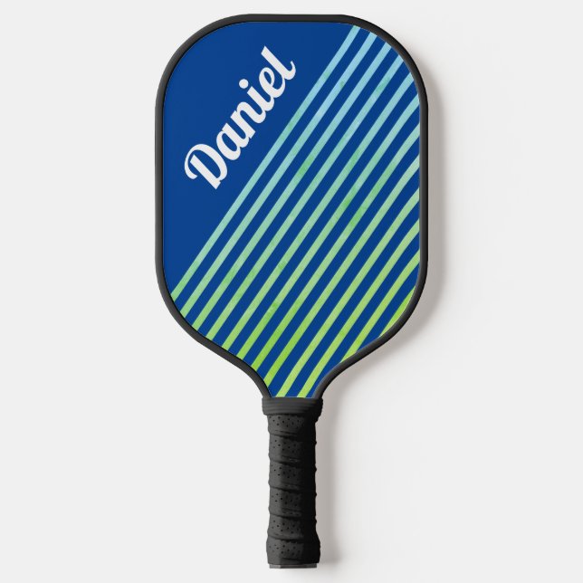 Blue Vertical Striped Personalised Modern Geo Pickleball Paddle (Front)