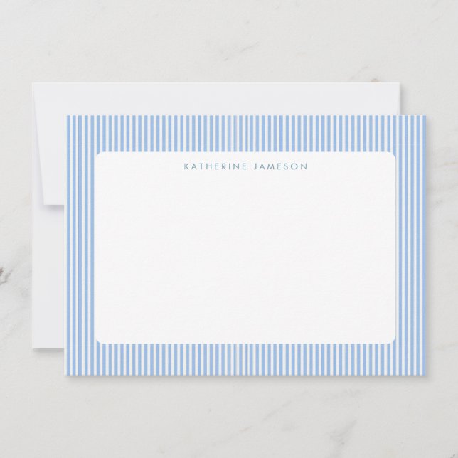 Blue Vertical Stripes Coastal Monogram Card (Front)