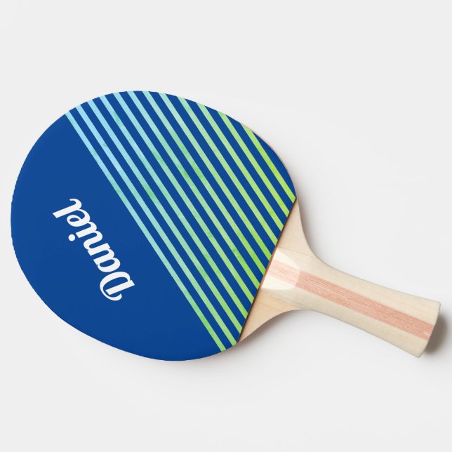 Blue Vertical Stripes Personalised Name Modern Geo Ping Pong Paddle (Side)