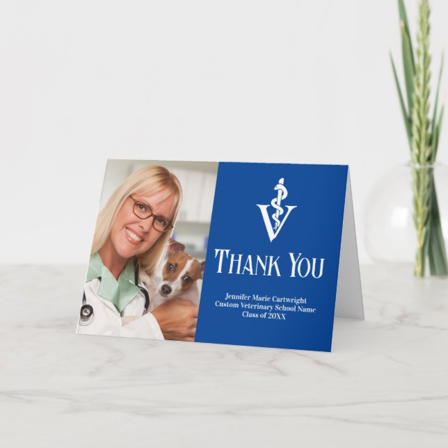 Blue Veterinary School Graduation Photo Custom Thank You Card (Front)