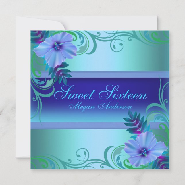 Blue Vibrant Flower Sweet Sixteen Invite (Front)