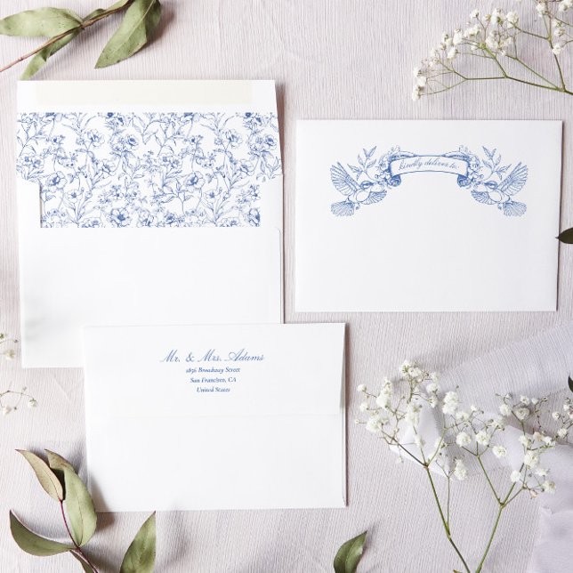 Blue Victorian Birds Pre-Addressed Wedding Invite Envelope (Blue toile chinoiserie inspired wedding invitation envelope with botanical and bird illustrations)