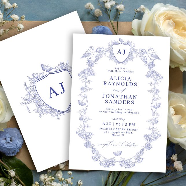 Blue Victorian French classic floral wedding Invitation (Creator Uploaded)