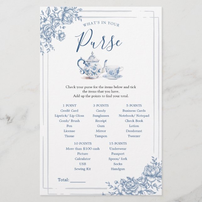 Blue Victorian Garden Bridal Tea Purse Game (Front)