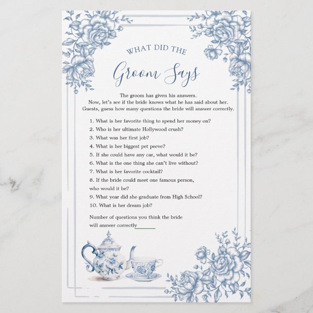 Blue Victorian Garden Bridal Tea What Groom Says (Front)