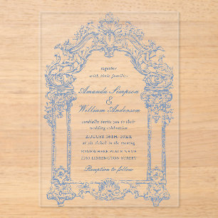 Blue Victorian Ornate Grace Floral Frame Wedding Acrylic Invitations