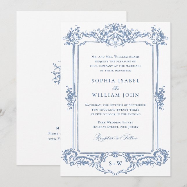Blue Victorian Ornate Grace Floral Frame Wedding Invitation (Front/Back)