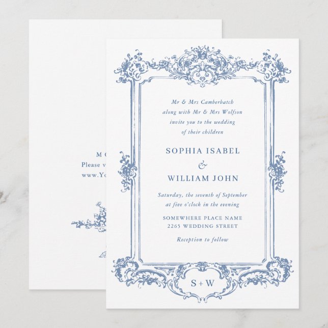 Blue Victorian Ornate Grace Floral Frame Wedding Invitation (Front/Back)