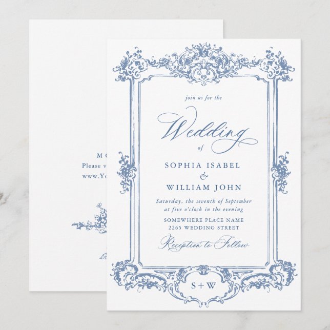 Blue Victorian Ornate Grace Floral Frame Wedding Invitation (Front/Back)