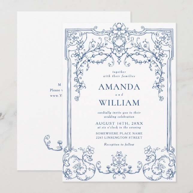 Blue Victorian Ornate Grace Floral Frame Wedding Invitation (Front/Back)