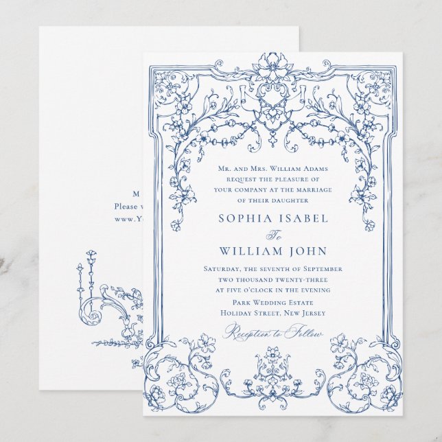 Blue Victorian Ornate Grace Floral Frame Wedding Invitation (Front/Back)