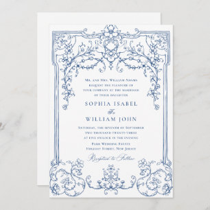 Blue Victorian Ornate Grace Floral Frame Wedding Invitation