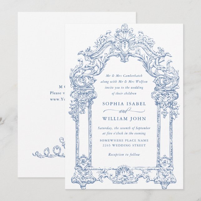 Blue Victorian Ornate Grace Floral Frame Wedding Invitation (Front/Back)
