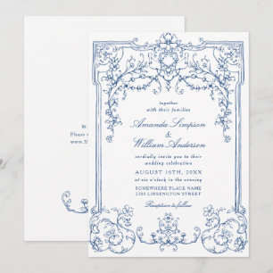 Blue Victorian Ornate Grace Floral French Wedding Invitation