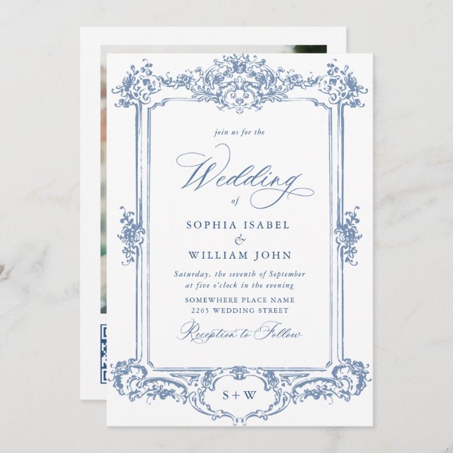 Blue Victorian Ornate Grace Floral Wedding QR code Invitation (Front/Back)
