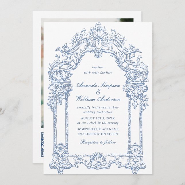 Blue Victorian Ornate Grace Floral Wedding QR code Invitation (Front/Back)