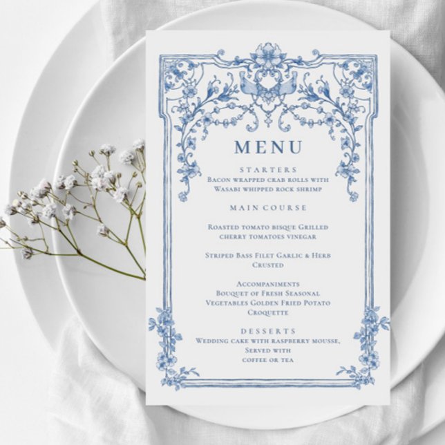 Blue Victorian Ornate Grace Wedding Dinner Menu (Creator Uploaded)