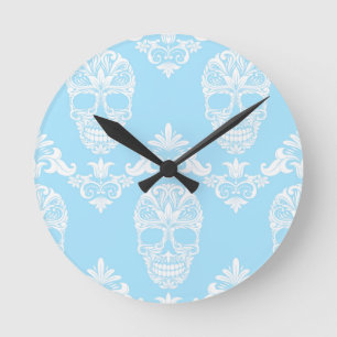 blue victorian skulls round clock