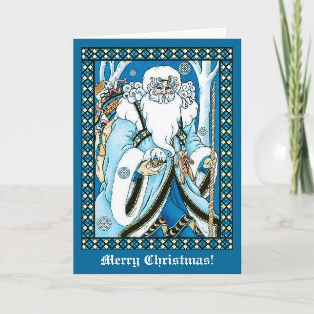 Blue Victorian St Nicholas Christmas Holiday Card (Front)