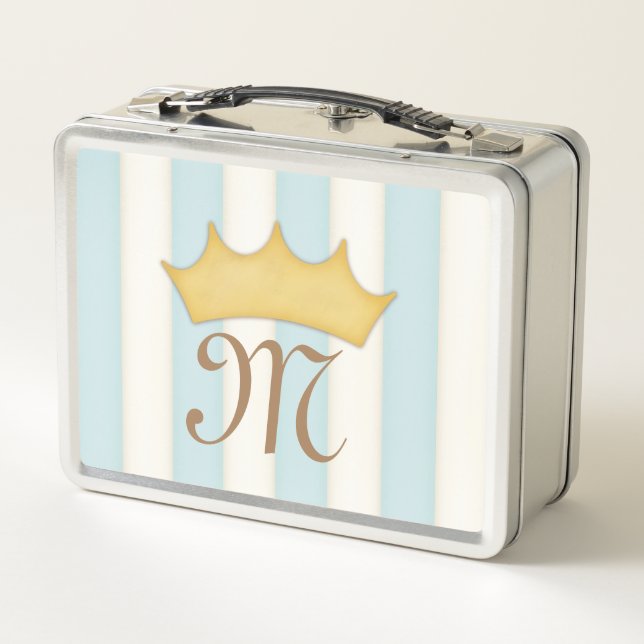 Blue Victorian Stripes Crowned Monogram Princess Metal Lunch Box (Back)
