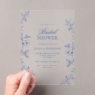 Blue Victorian Vintage Drawn Floral Bridal Shower Acrylic Invitations