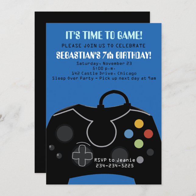 Blue Video Game Boys Birthday Invitation (Front/Back)