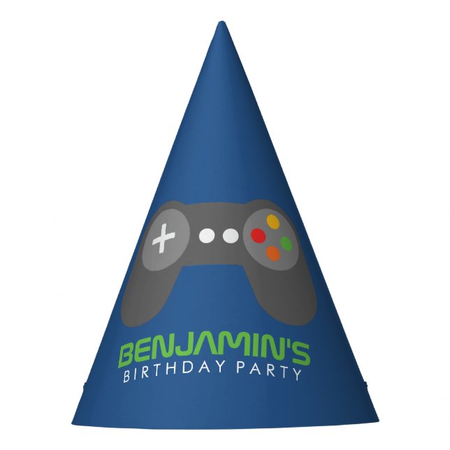 Blue Video Game Controller Kids Birthday Party Hat (Front)