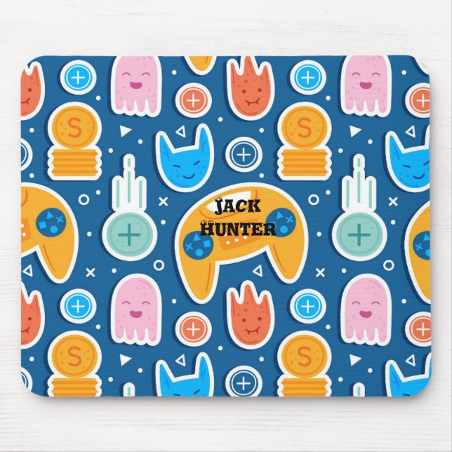 Blue Video Game Pattern Name Personalised  Mouse Mat (Front)