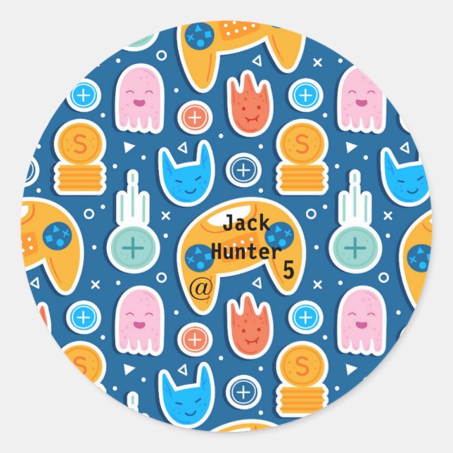Blue Video Game Pattern Personalised Birthday  Classic Round Sticker (Front)