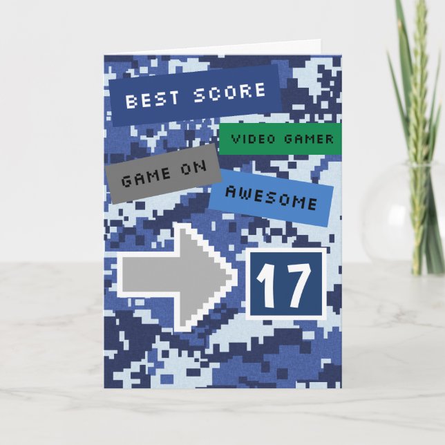 Blue Video Gamer 17th Birthday Card (Front)