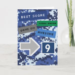 Blue Video Gamer 9th Birthday Card<br><div class="desc">A cool blue video gamer 9th birthday card for boys. It features a pixel video game blue design on the front and back of the card. The inside reads a level up birthday card message which can be easily personalised if wanted. This fun gamer 9th birthday card would make a...</div>