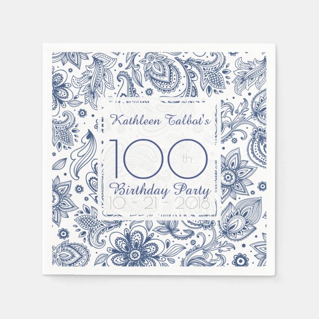 Blue Vintage 100th Birthday Party Paper Napkin (Front)