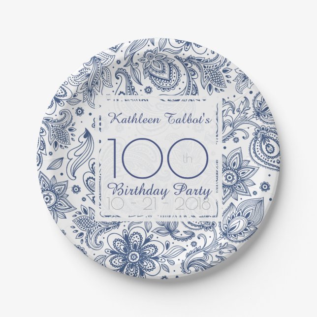 Blue Vintage 100th Birthday Party Paper Plate (Front)