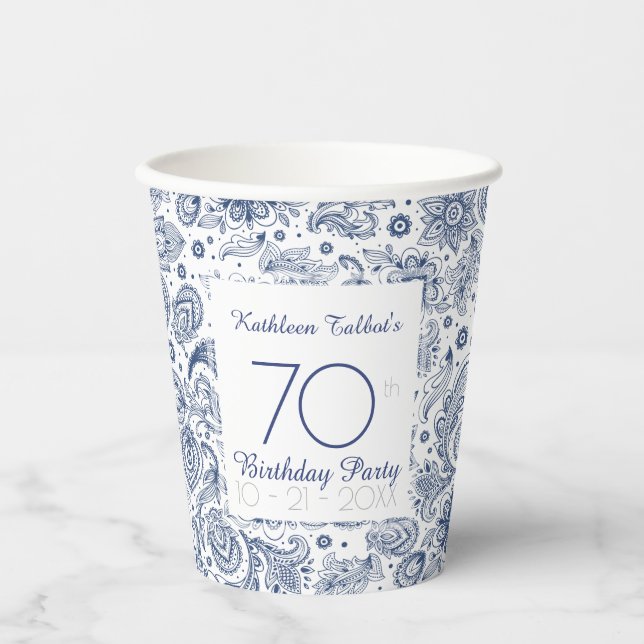 Blue Vintage 70th Birthday Party Paper Cup (Front)