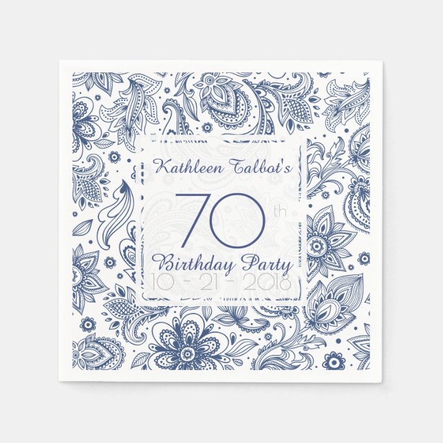Blue Vintage 70th Birthday Party Paper Napkin (Front)