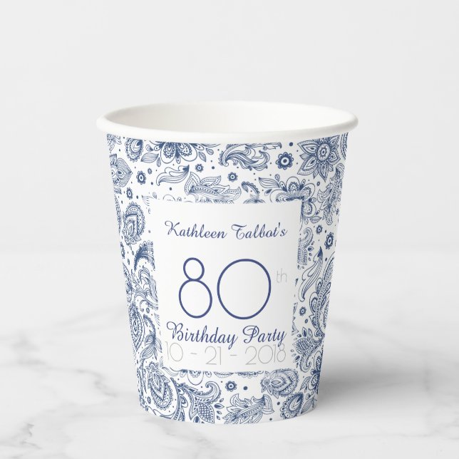 Blue Vintage 80th Birthday Party Paper Cup (Front)