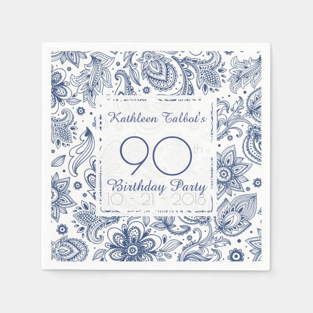 Blue Vintage 90th Birthday Party Paper Napkin (Front)