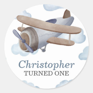 Blue Vintage Aeroplane Birthday Party Classic Round Sticker