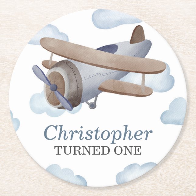 Blue Vintage Aeroplane Birthday Party Round Paper Coaster (Front)