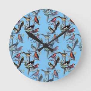 Blue Vintage Art Birds pattern accessories LeahG Round Clock