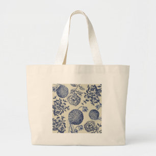 Blue Vintage Artwork Print Flower Antique Large Tote Bag
