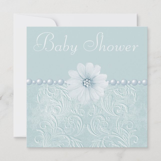 Blue Vintage Baby Shower Bling Flowers & Pearls Invitation (Front)