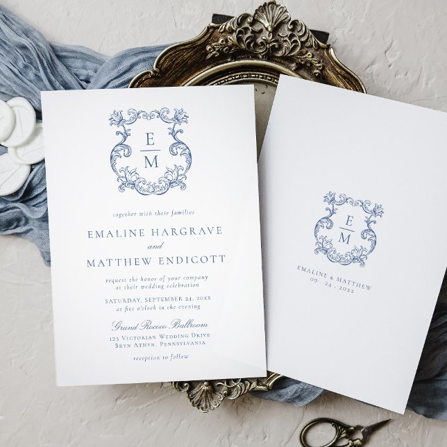 Blue Vintage Baroque Monogram Crest Wedding Invitation (Creator Uploaded)