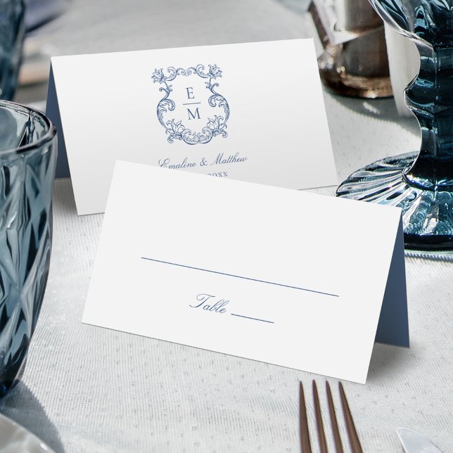 Blue Vintage Baroque Monogram Crest Wedding Place Card (Creator Uploaded)